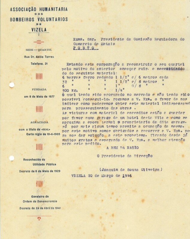 Carta da Associação Humanitária de Bombeiros Voluntários de Vizela para Comissão Reguladora do Comércio de Metais