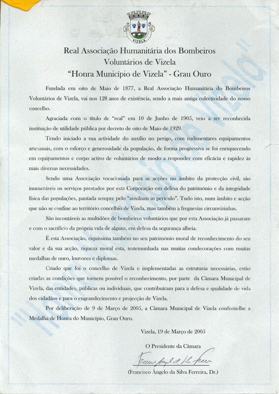 Diploma de Honra do Município de Vizela - Grau Ouro